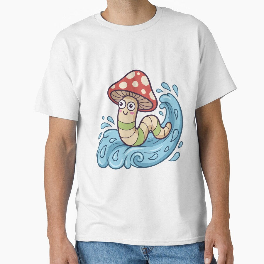 Surfing Kawaii Worm in Red Toadstool Hat by Emegan Print Art