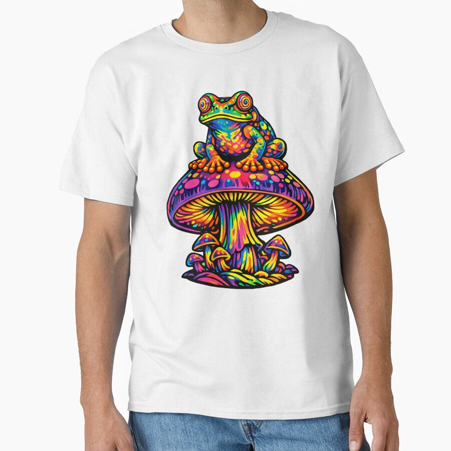 Rainbow Psychedelic Frog on Magic Mushroom – Trippy Neon Frog Illustration by RustedToad