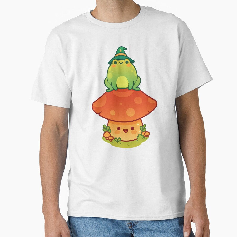 Kawaii Wizard Little Green Frog on Top of a Mushroom by May's Studio