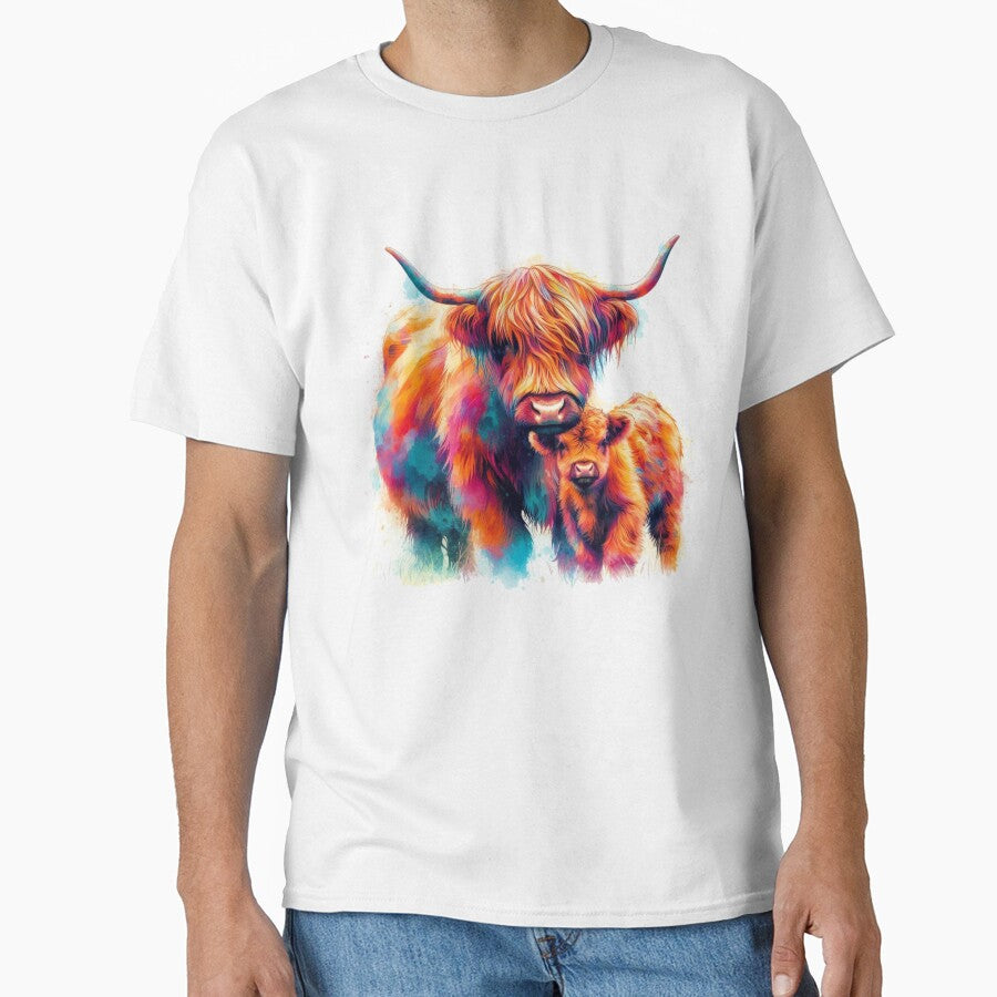 Scottish Highland Cow and Calf Colorful Watercolor by MaedK
