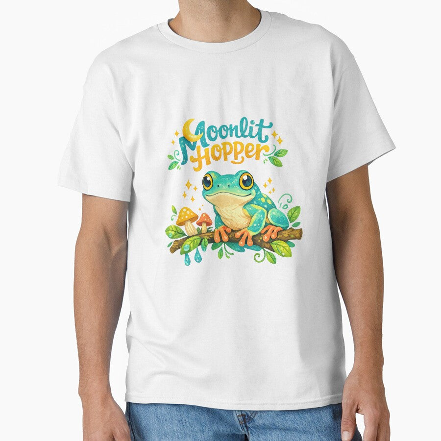 Moonlit Hopper Cute Frog on Branch with Mushrooms by inkoutninja