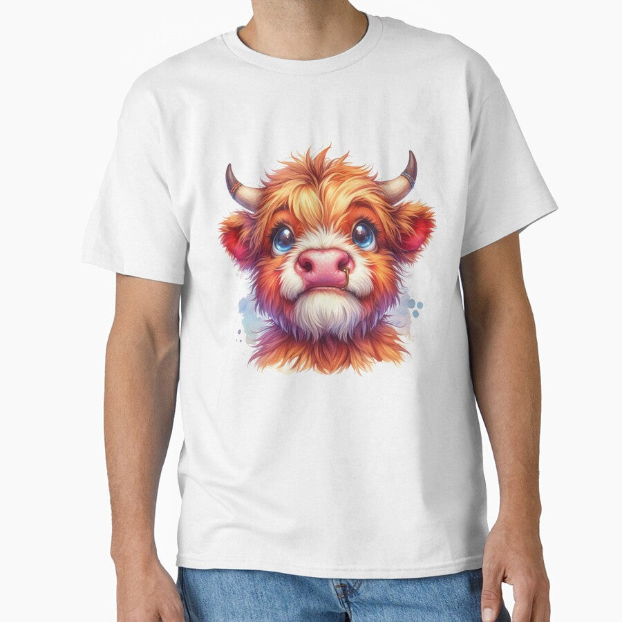 Cute Scottish Baby Highland Cow Calf Colorful Watercolor by MaedK