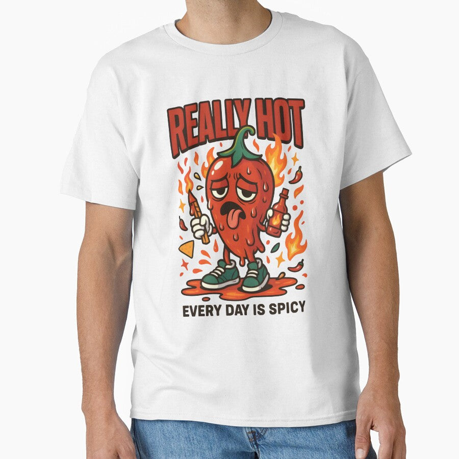Really Hot – Chibi Chili Pepper with Flames & Hot Sauce Bottle by Snackwear Apparel