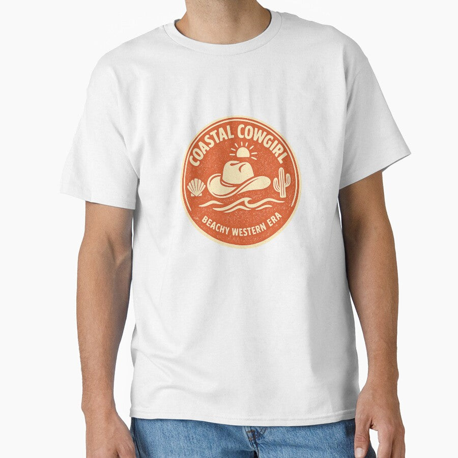 Coastal Cowgirl Beachy Western Era — Vintage Cowboy Hat Wave Seashell Cactus Badge Tee by VaultInk