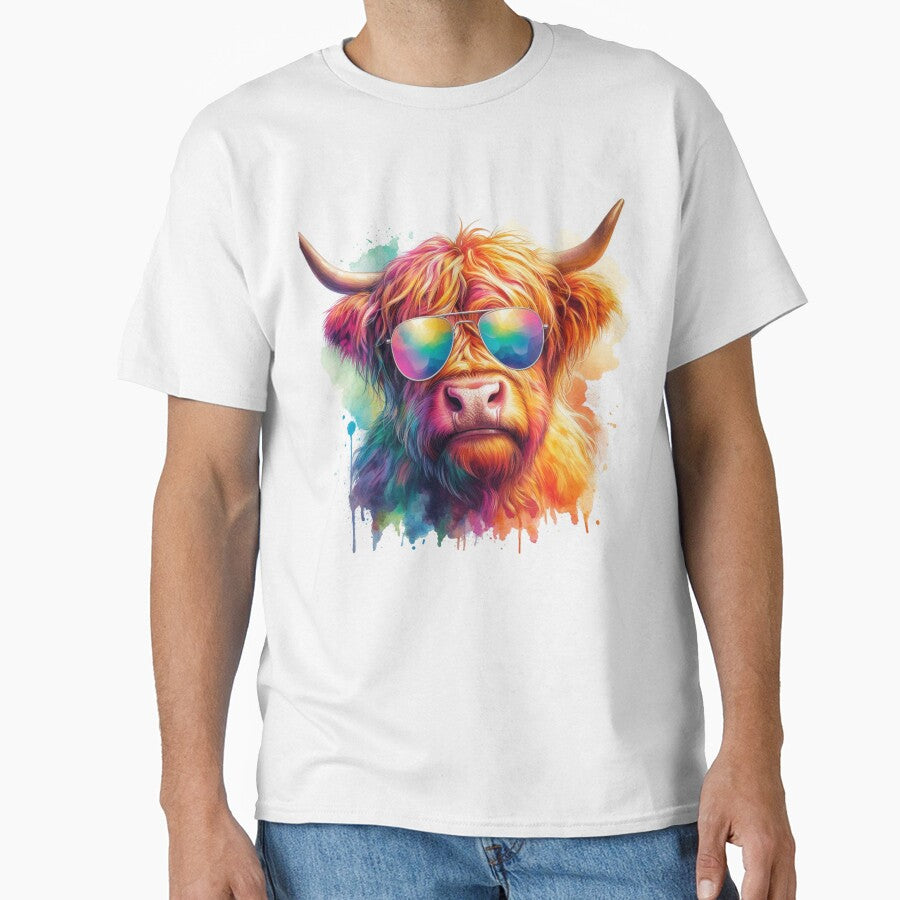 Scottish Highland Cow in Sunglasses Colorful Watercolor by MaedK