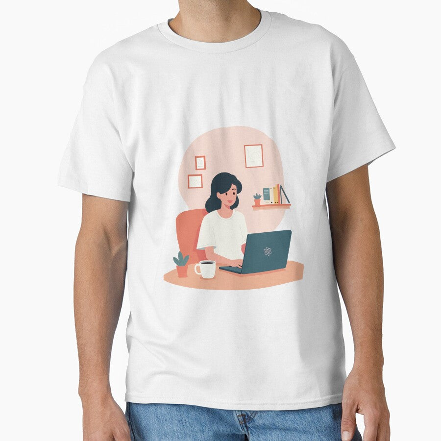 Woman Working on Laptop – Cozy Home Office Art by Illustrator Bhaiya