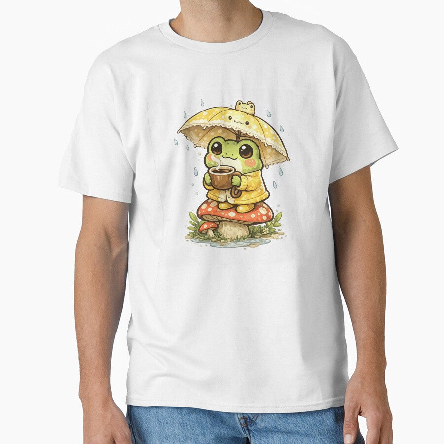 Cute Frog Sitting on Mushroom Drinking Coffee – Rainy Day Umbrella Frog Aesthetic Sticker by Ortegan90