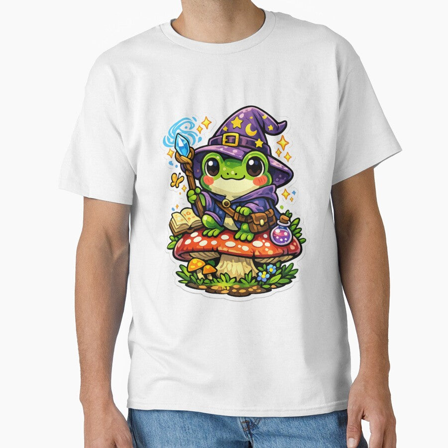 Cute Frog Wizard Sitting on Mushroom – Kawaii Fantasy Magic Frog Sticker, Magical Frog Illustration by ArtsyExplorer