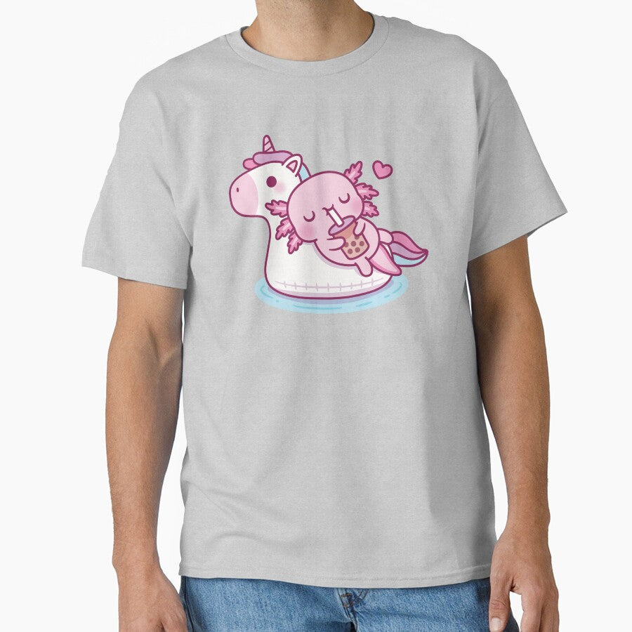 Cute Axolotl Chilling On Unicorn Pool Float Drinking Bubble Tea by rustydoodle