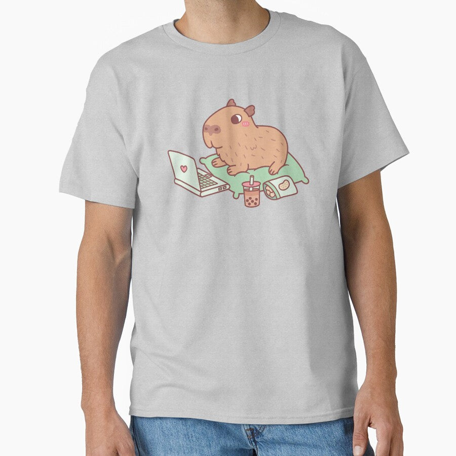 Cute Chilling Capybara With Laptop And Snacks by rustydoodle