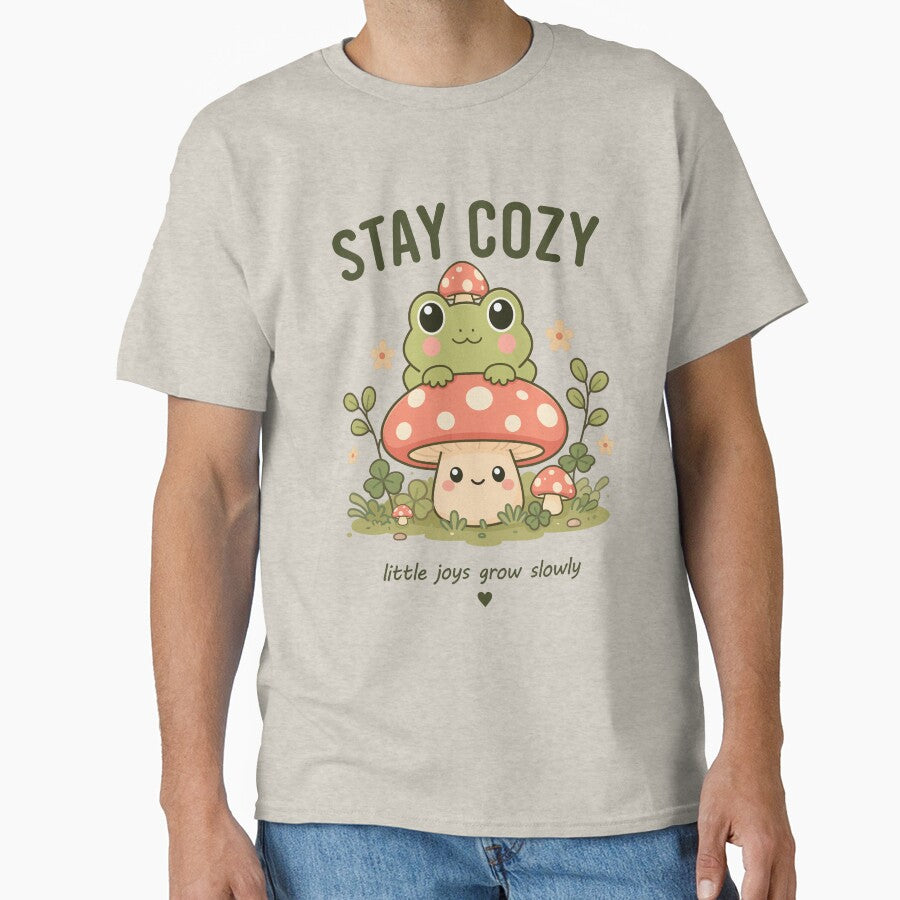 Stay Cozy Frog , Cute Mushroom Frog , Kawaii Cottagecore Nature Tee by Lilypad Shop