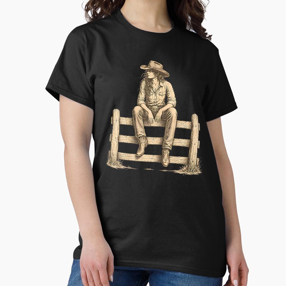 Cowgirl Sitting on Fence at Dusk Western Art by Rahamkshop