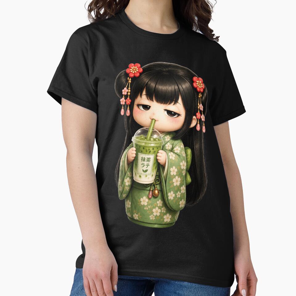 Kokeshi Girl Drinking Matcha Latte | Cute Japanese Café Illustration by TheTrendsDesk
