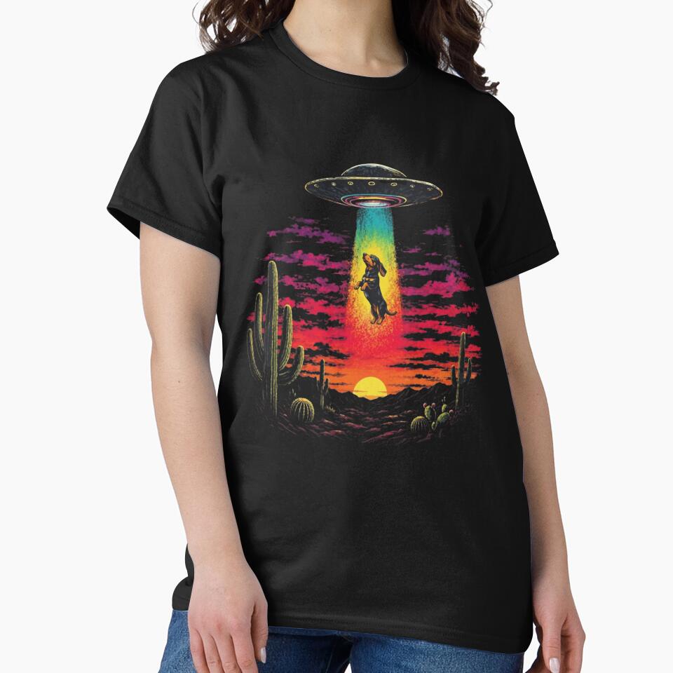Funny Dachshund UFO Alien Abduction Desert Sunset by haitrieuic96
