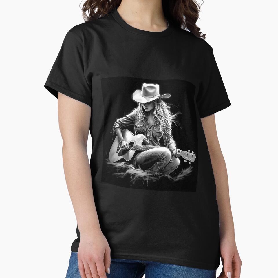 Western Cowgirl Playing Guitar | Black and White Country Music Art by inkoutninja
