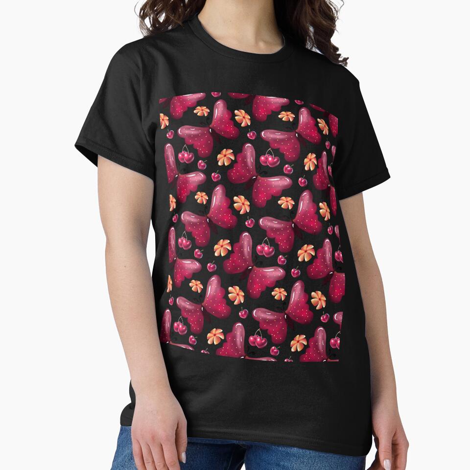 Pink Butterfly Cherry Seamless Pattern | Cute Floral Black Background | Whimsical Spring Botanical Design by HopeAndHustle