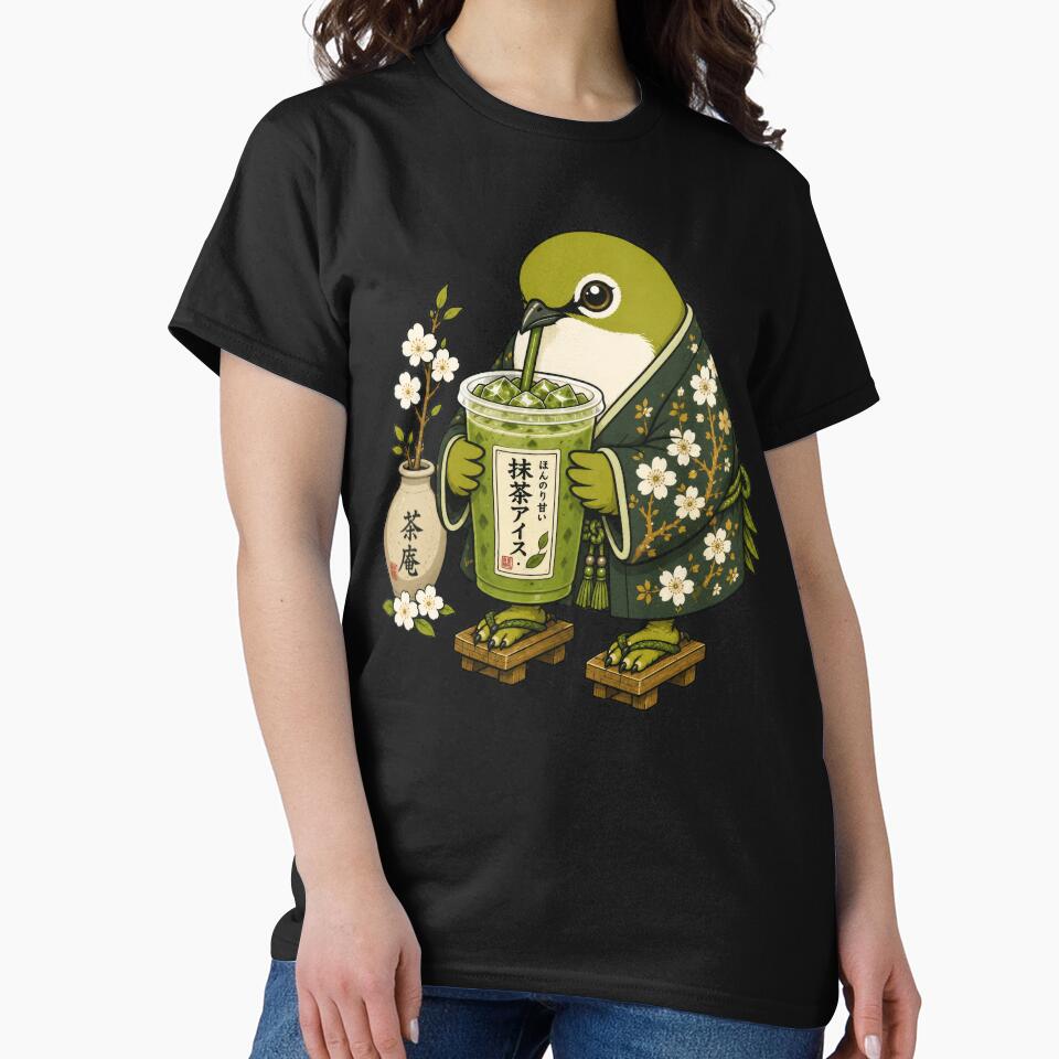 Mejiro Bird Drinking Iced Matcha | Cute Japanese White-eye Art by TheTrendsDesk
