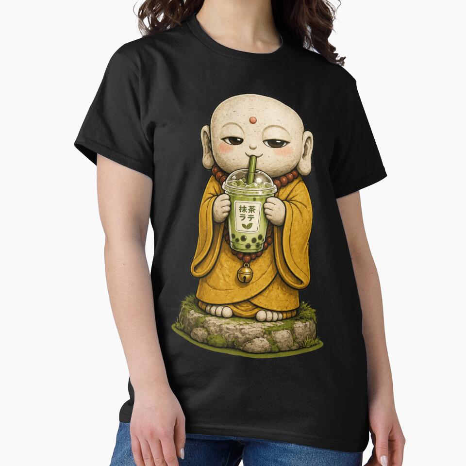 Jizō Drinking Matcha Bubble Tea | Japanese Guardian Statue Café Art by TheTrendsDesk