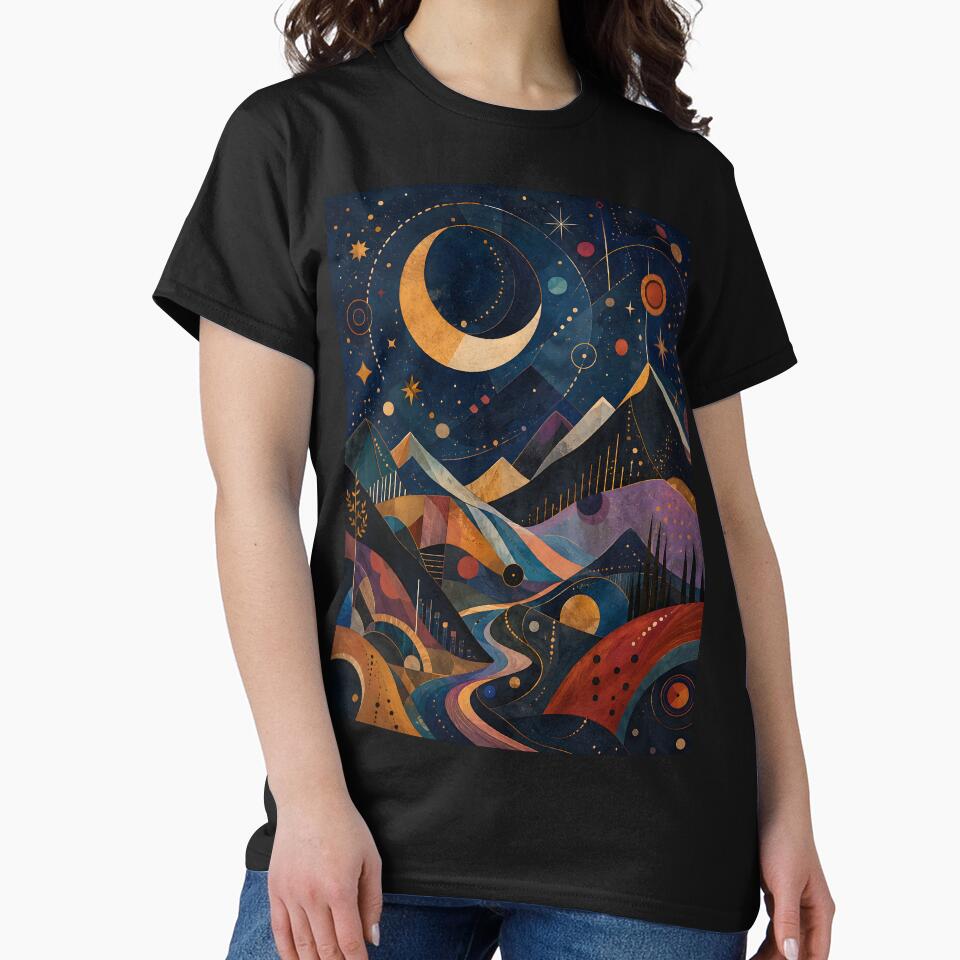 Celestial Mountain Landscape – Golden Crescent Moon and Starry Night by GutyzDesignsES