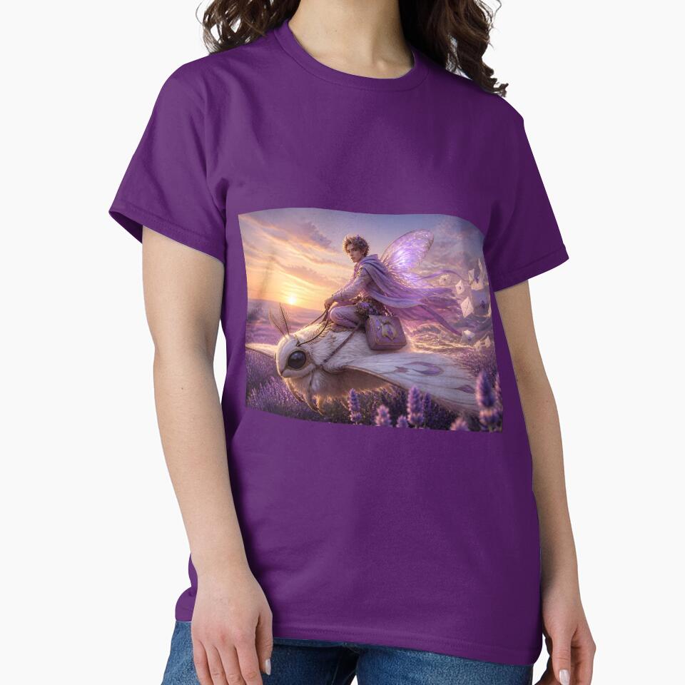 Fairy Courier Riding White Moth Over Lavender Fields by sigmaartstudio