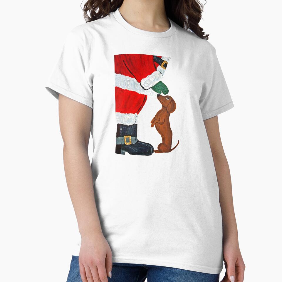 Dachshund getting a pet from Santa by Squirreldumplings
