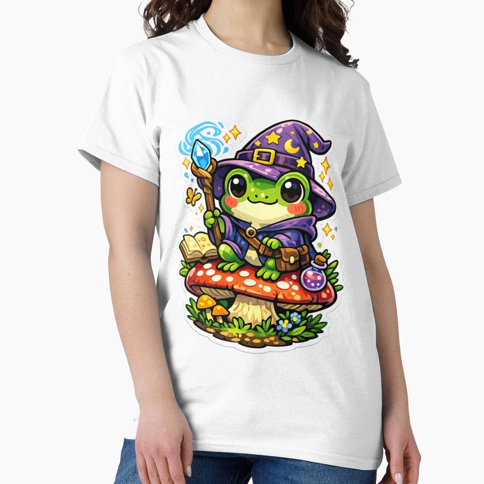 Cute Frog Wizard Sitting on Mushroom – Kawaii Fantasy Magic Frog Sticker, Magical Frog Illustration by ArtsyExplorer
