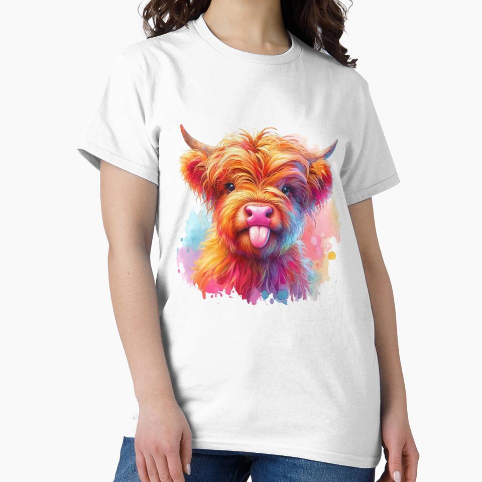 Cute Scottish Baby Highland Cow Calf Sticking Out Tongue Colorful Watercolor by MaedK