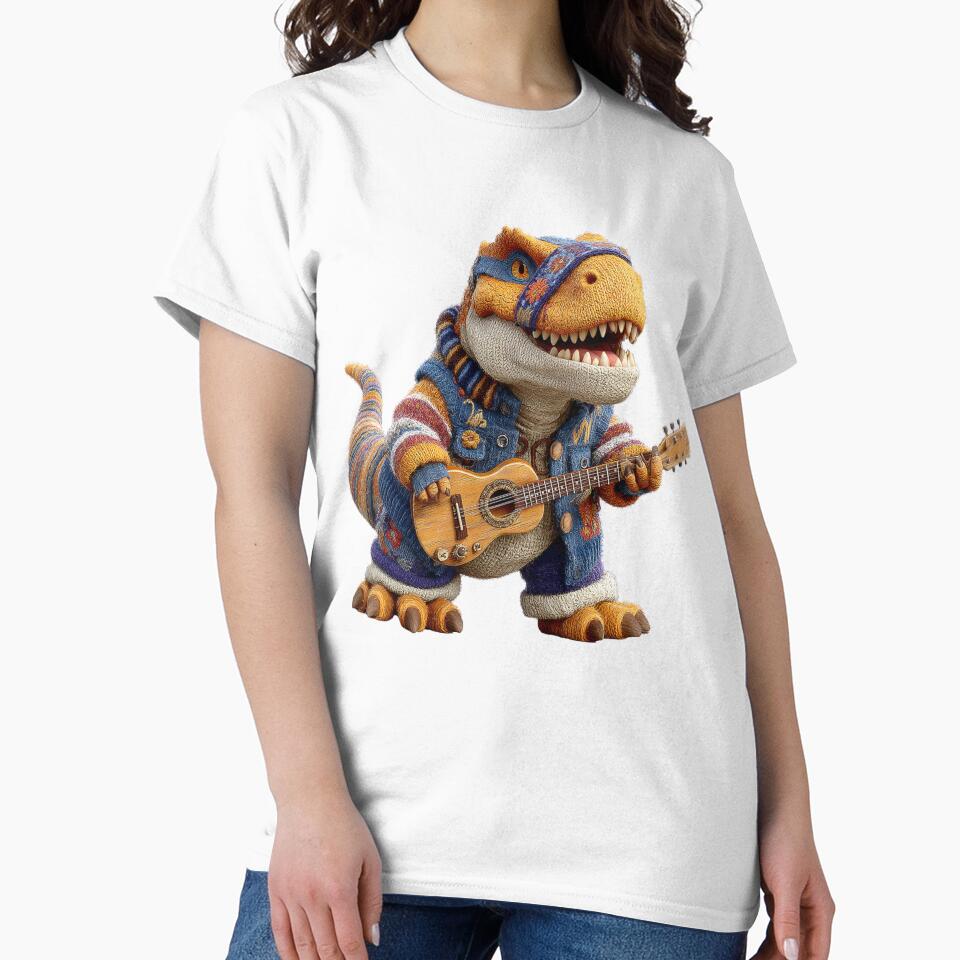 Cozy Musical Dinosaur with Guitar in Knitted Outfit by Jonaree Art Design
