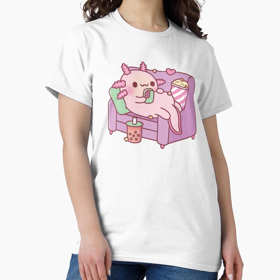 Cute Axolotl Chilling With Handphone Bubble Tea And Popcorn by rustydoodle