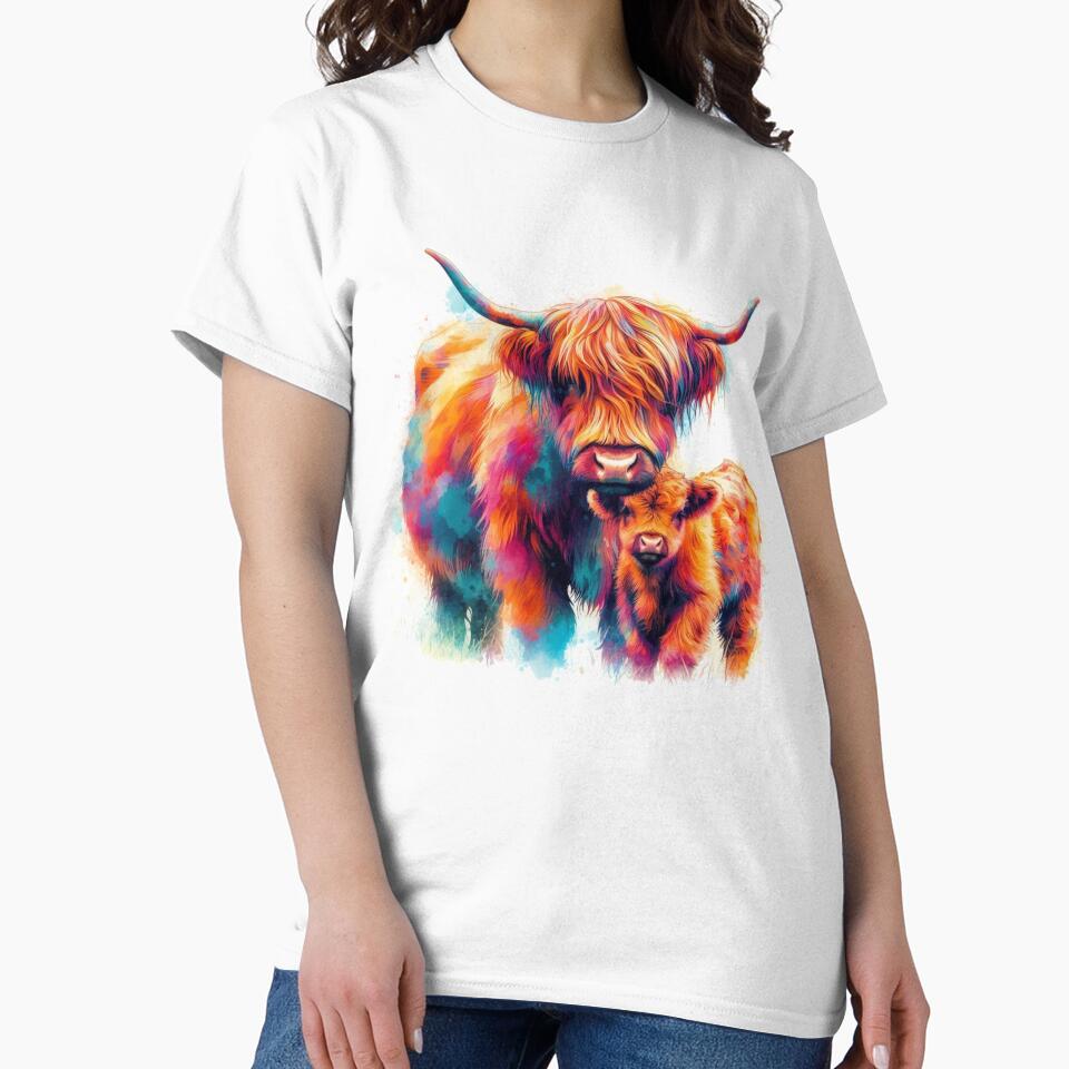 Scottish Highland Cow and Calf Colorful Watercolor by MaedK