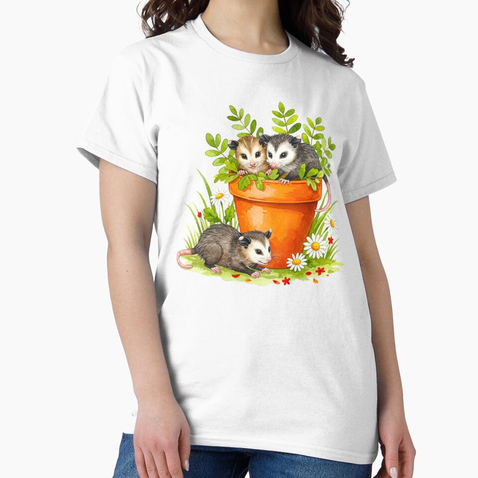 Cute Baby Opossums in Flower Pot by TeeARTHY