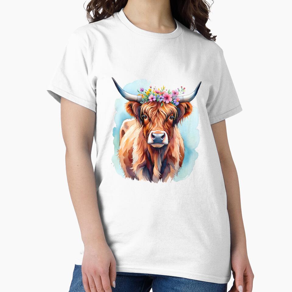 Highland Cow with Boho Flower Crown Watercolor by Trendsecne