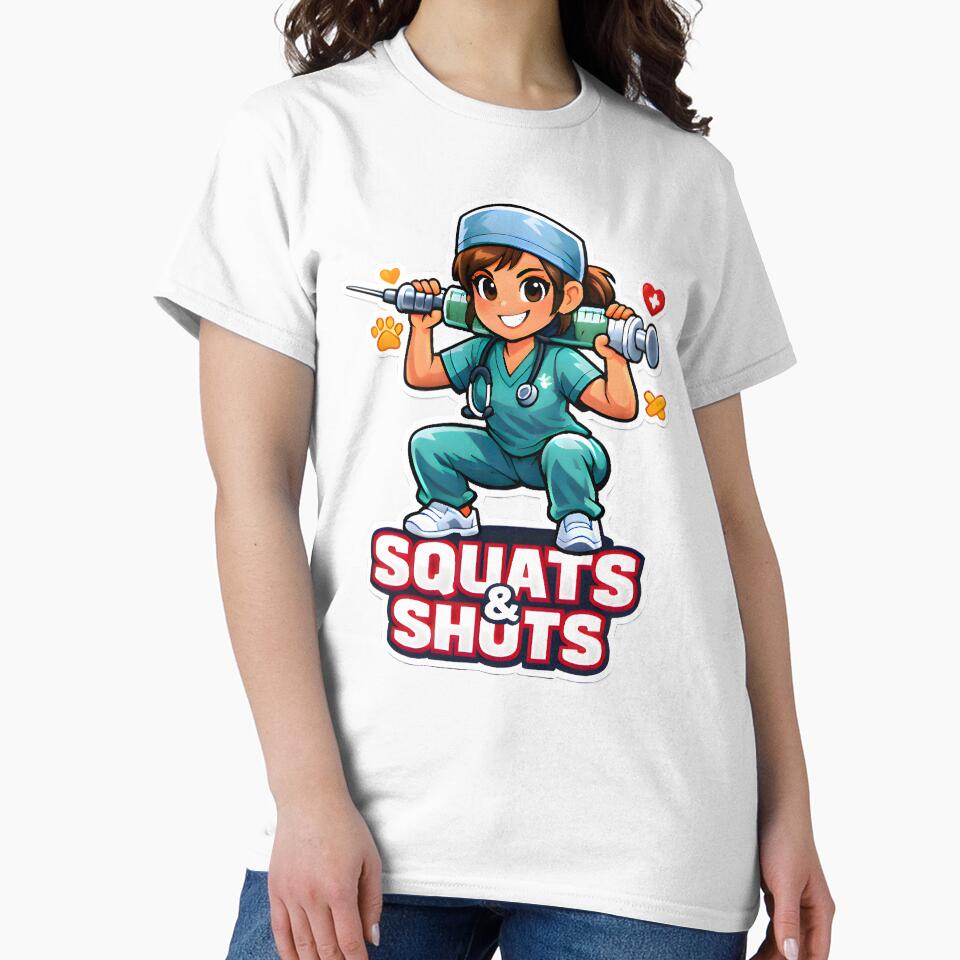 Squats & Shots Funny Vet Gym Shirt | Veterinary Fitness Pun Design by Bettybee00