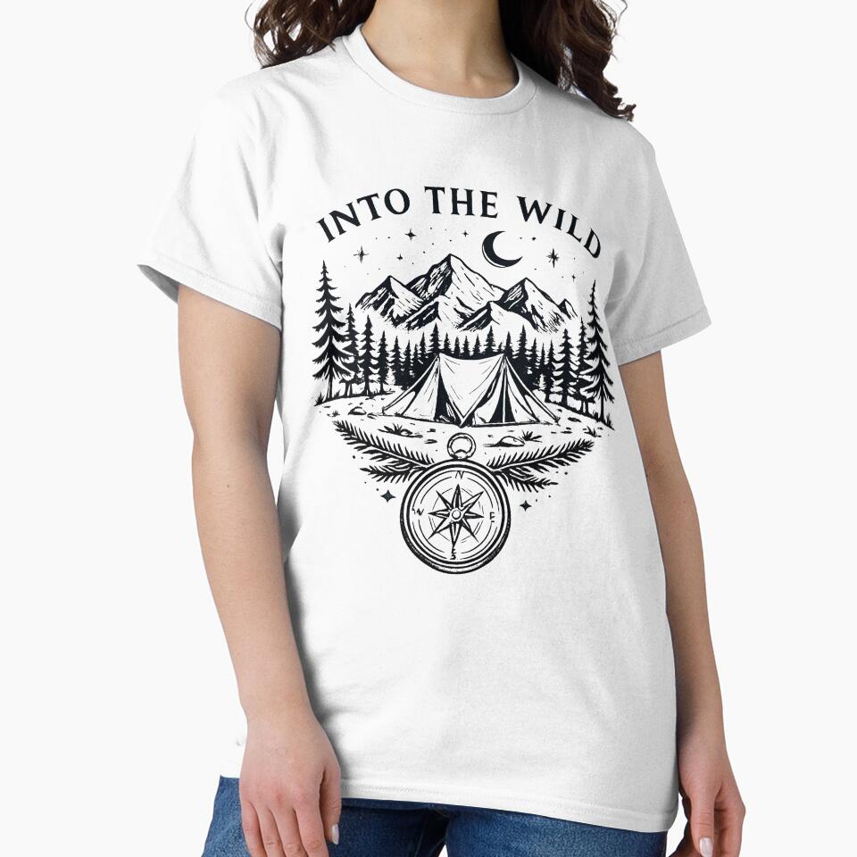 Into The Wild Camping Line Art, Mountain, Adventure, Compass by HumanMess