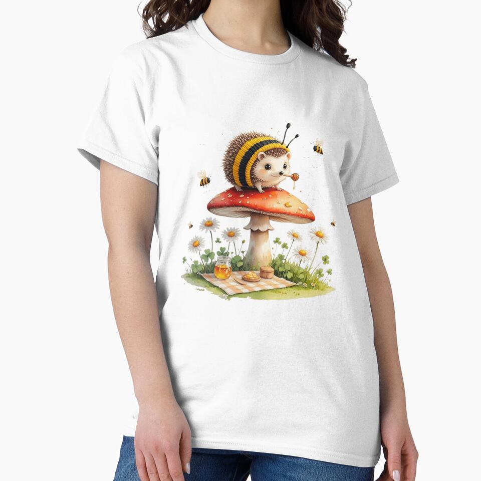 Cute Hedgehog in Bee Costume on Mushroom Watercolor by AQUILAKREO