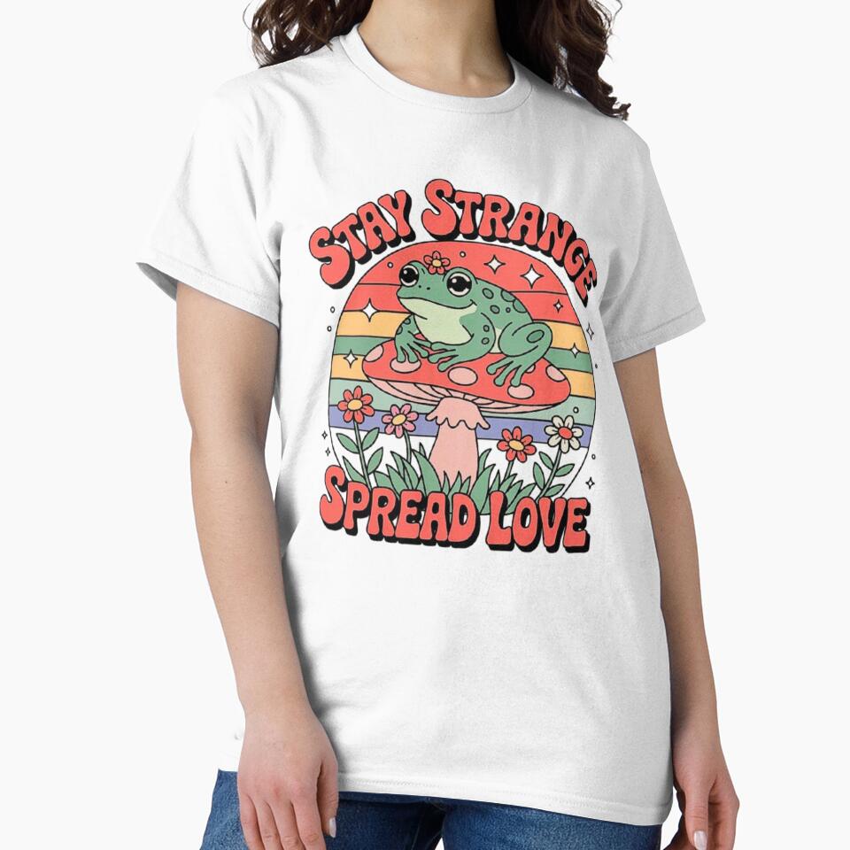 Whimsical Frog on Mushroom Retro Stay Strange Spread Love Design by love3617