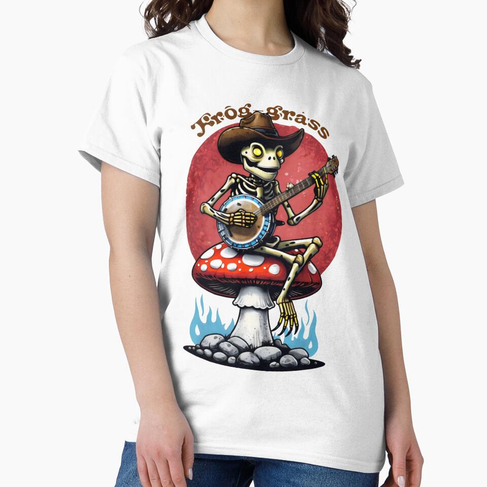 Skeleton Frog in Cowboy Hat Playing Banjo on Mushroom by SplashTastic