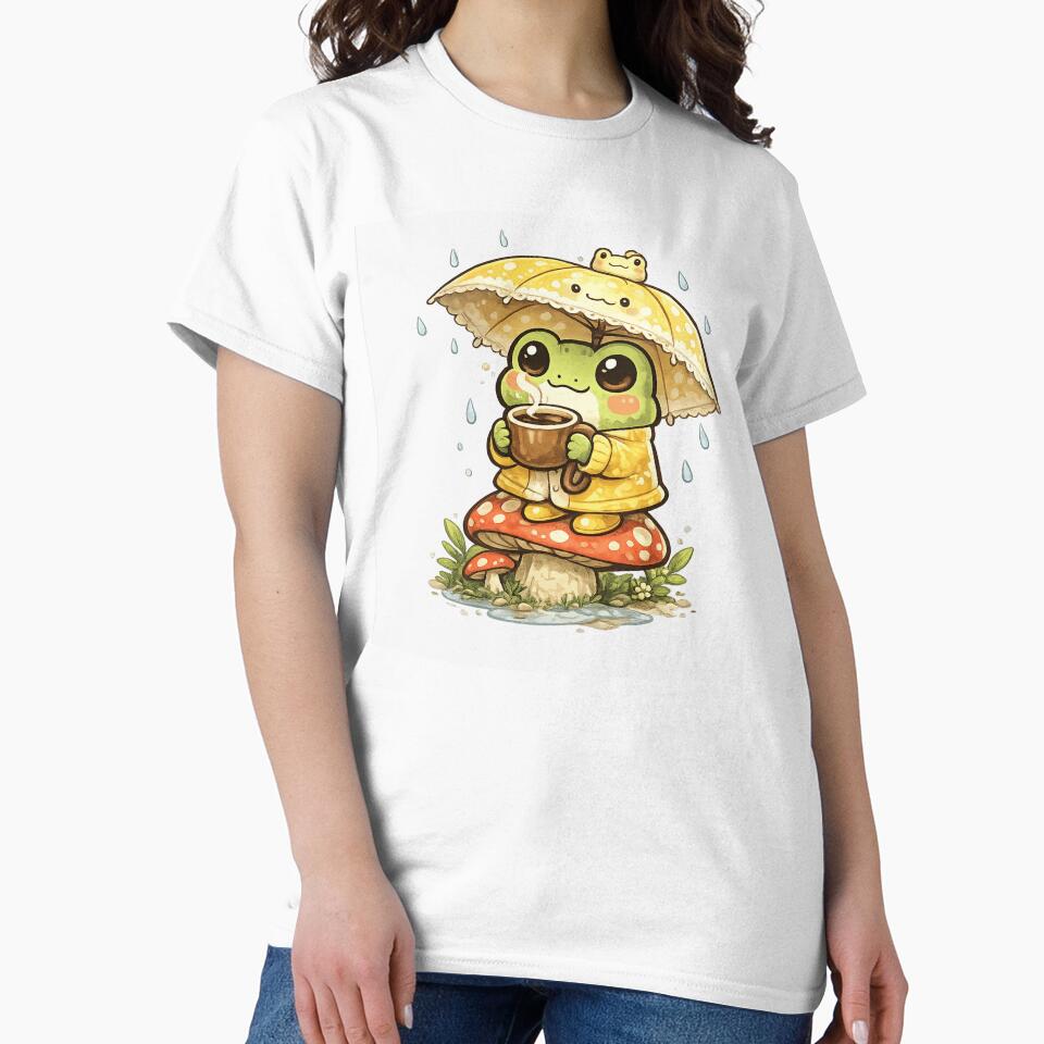 Cute Frog Sitting on Mushroom Drinking Coffee – Rainy Day Umbrella Frog Aesthetic Sticker by Ortegan90