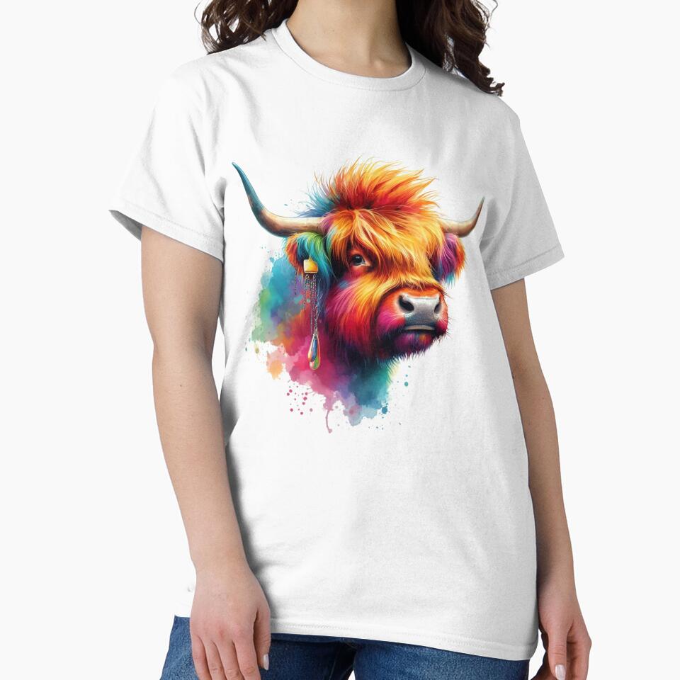 Punk Rocker Scottish Highland Cow Colorful Watercolor by MaedK