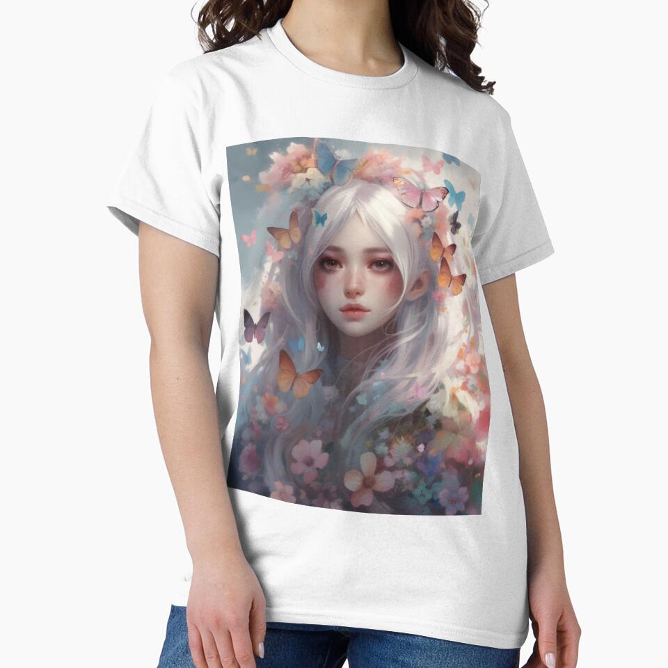 Dreamy Girl Portrait with Long White Hair and Colourful Butterflies #3 by harajukuai