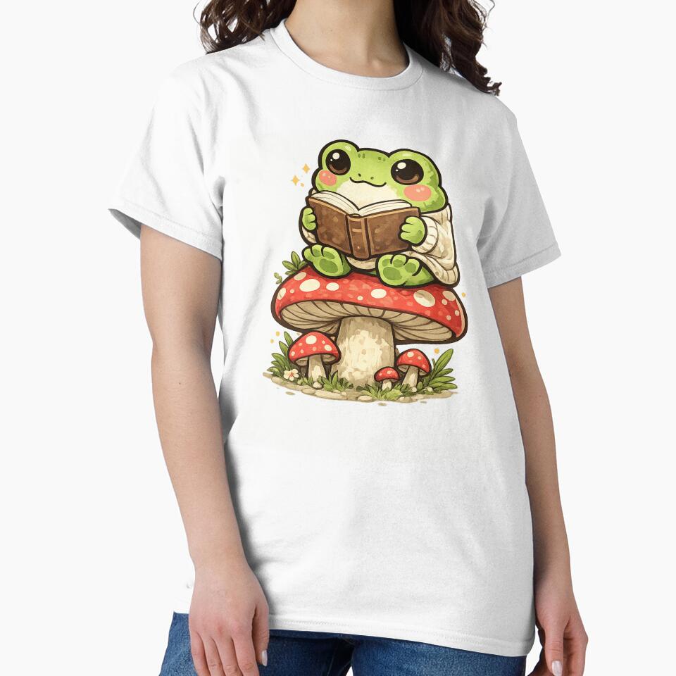 Cute Frog Sitting on Mushroom Reading Book – Whimsical Fantasy Book Lover Frog Sticker by Ortegan90