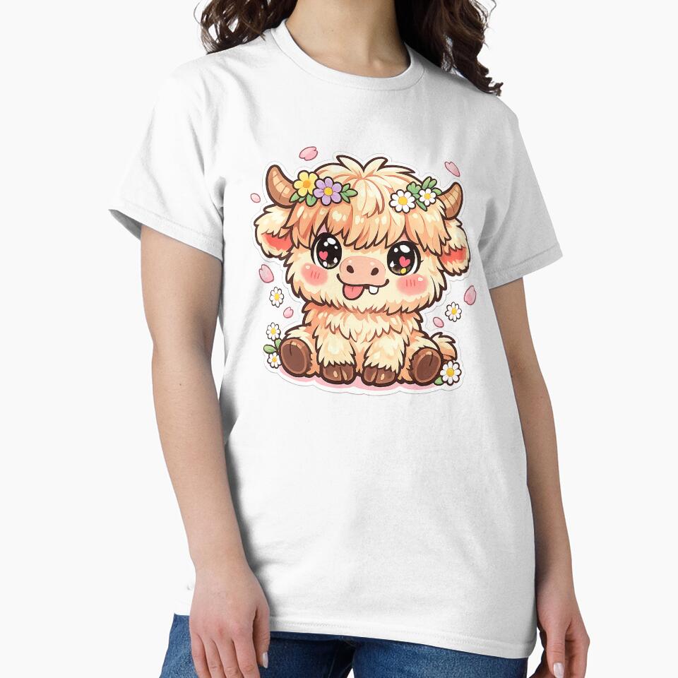 Kawaii Highland Cow with Flower Crown – Cute Fluffy Cow Cartoon by timizar