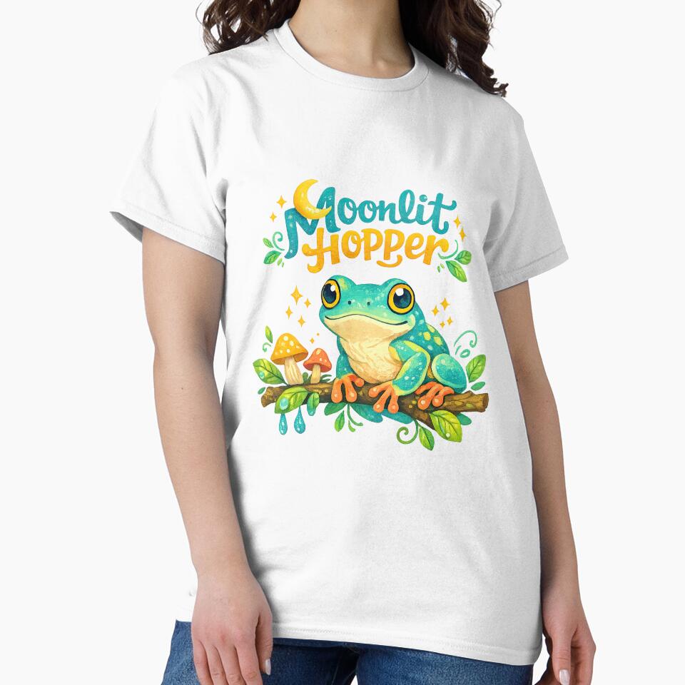 Moonlit Hopper Cute Frog on Branch with Mushrooms by inkoutninja