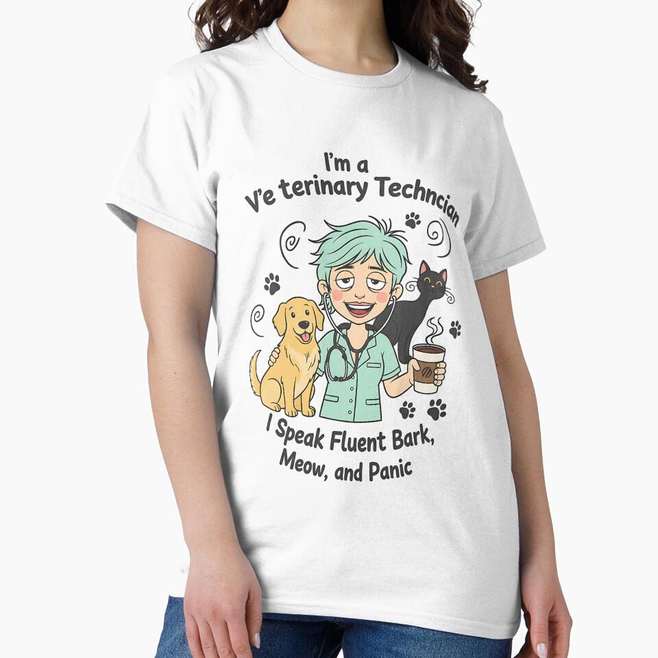I Speak Bark Meow Panic – Vet Tech Humor Tee by Muzgle