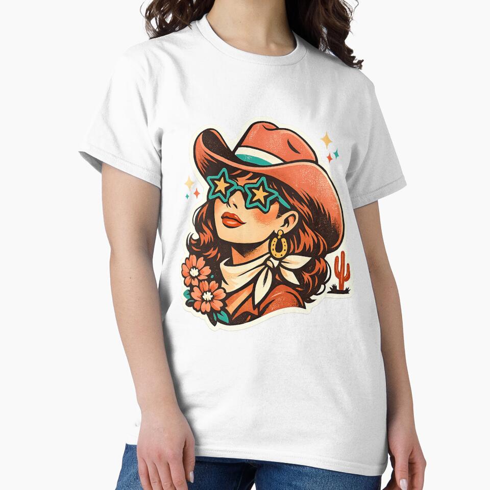 Retro Western Cowgirl with Star Sunglasses and Cowboy Hat by inkoutninja
