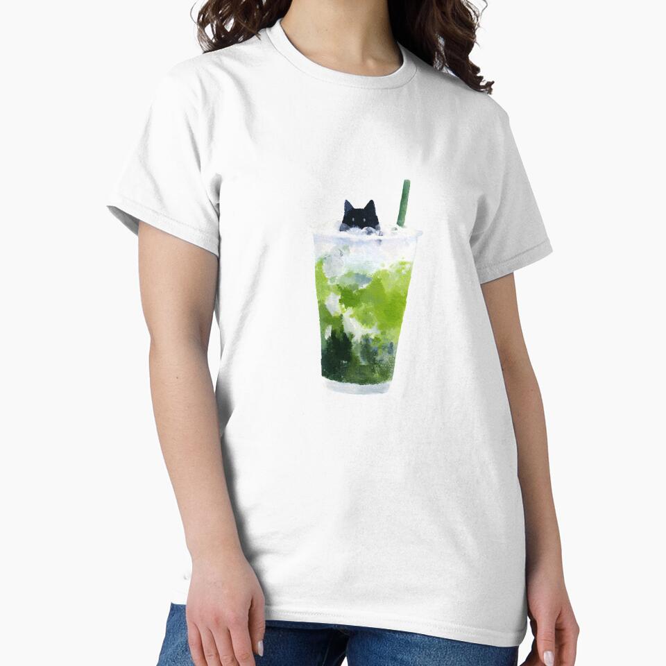 Matcha Mood Cat – Cute Black Cat in Iced Matcha Latte Watercolor Illustration by YohakuPause