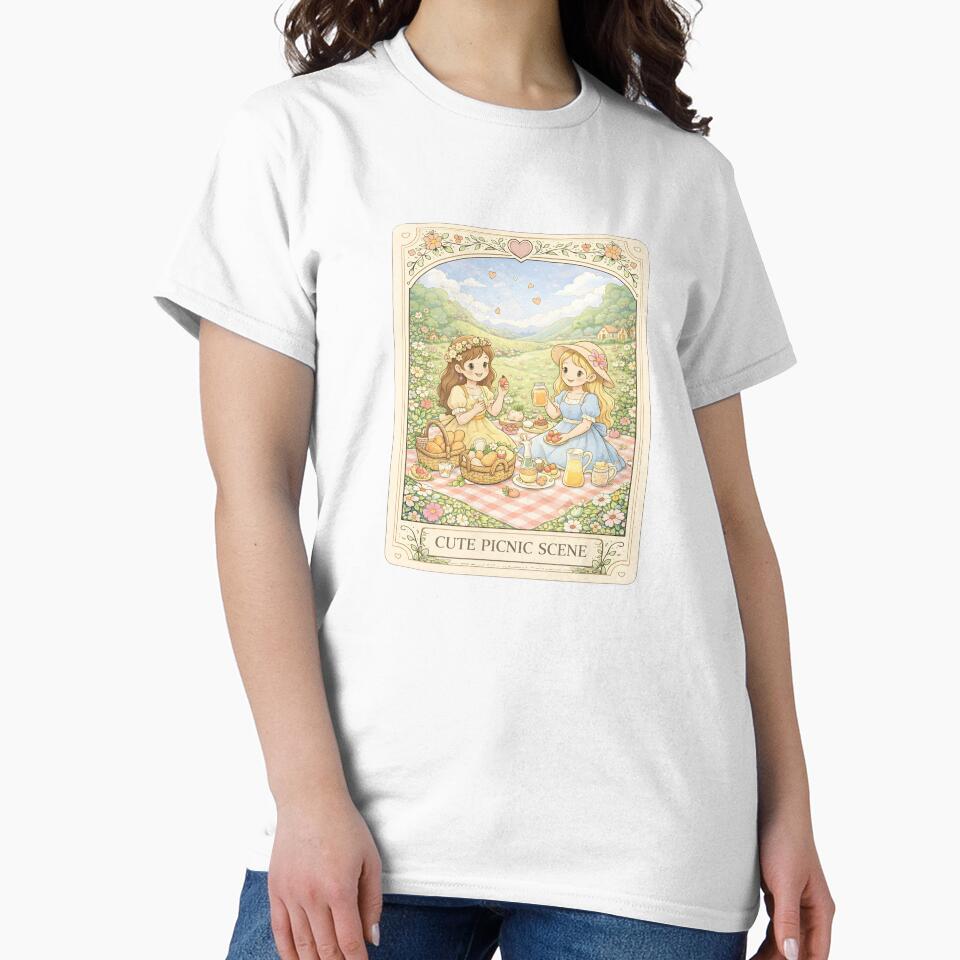 Cute Picnic Scene with Girls Enjoying Fruit Bread and Lemonade in Flower Meadow Illustration by Teenidesign