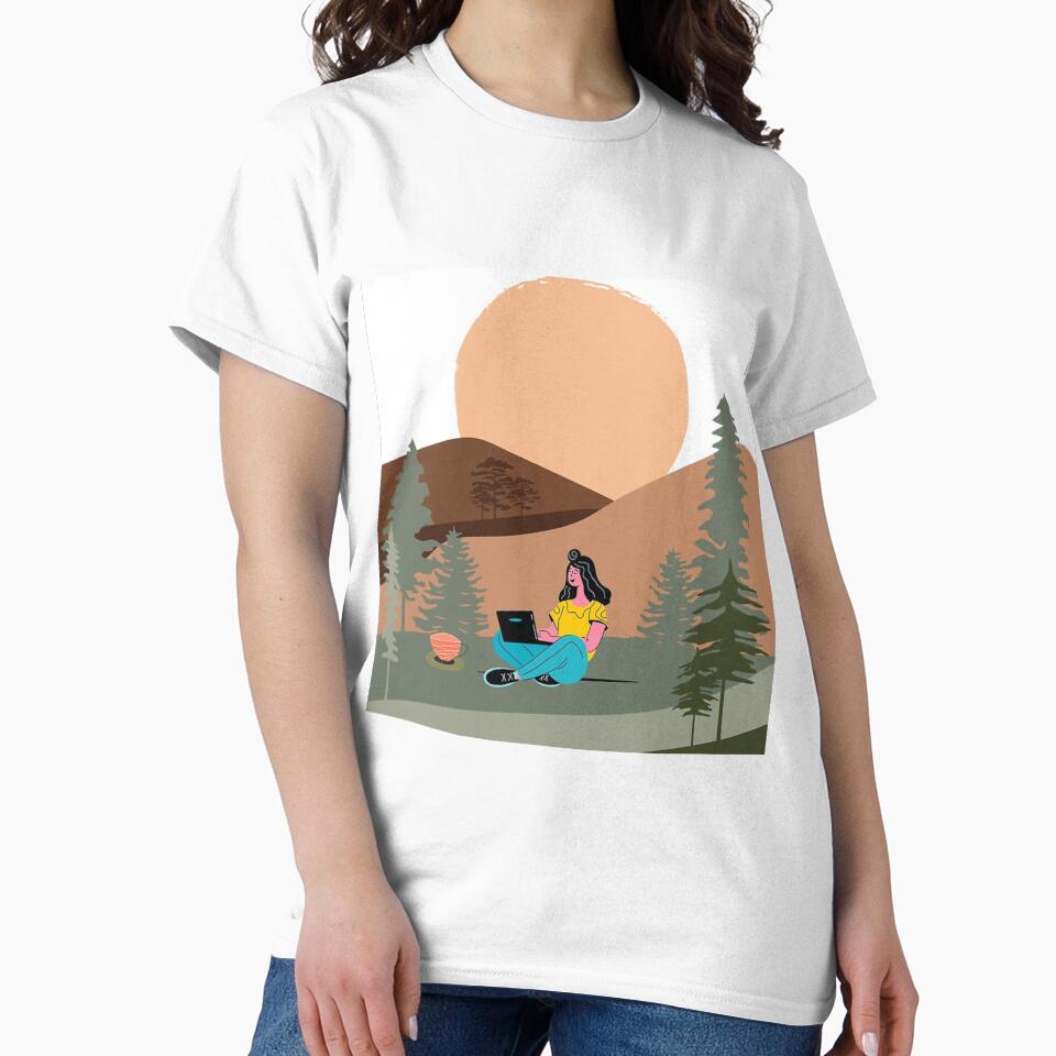 Digital Nomad Working Outdoors Sunset Landscape Illustration by Abaseen