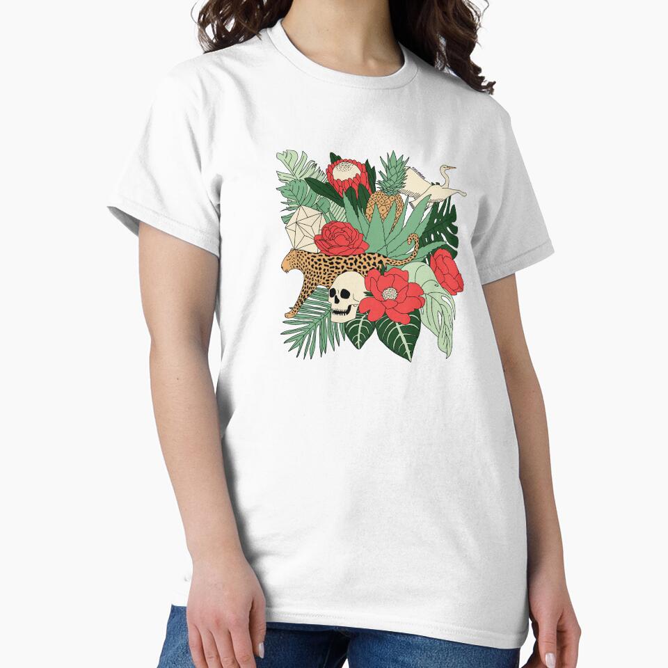 Floral tropical leaves and fruits with bird, leopard and skull by Sasa Elebea by Sabrina Brugmann
