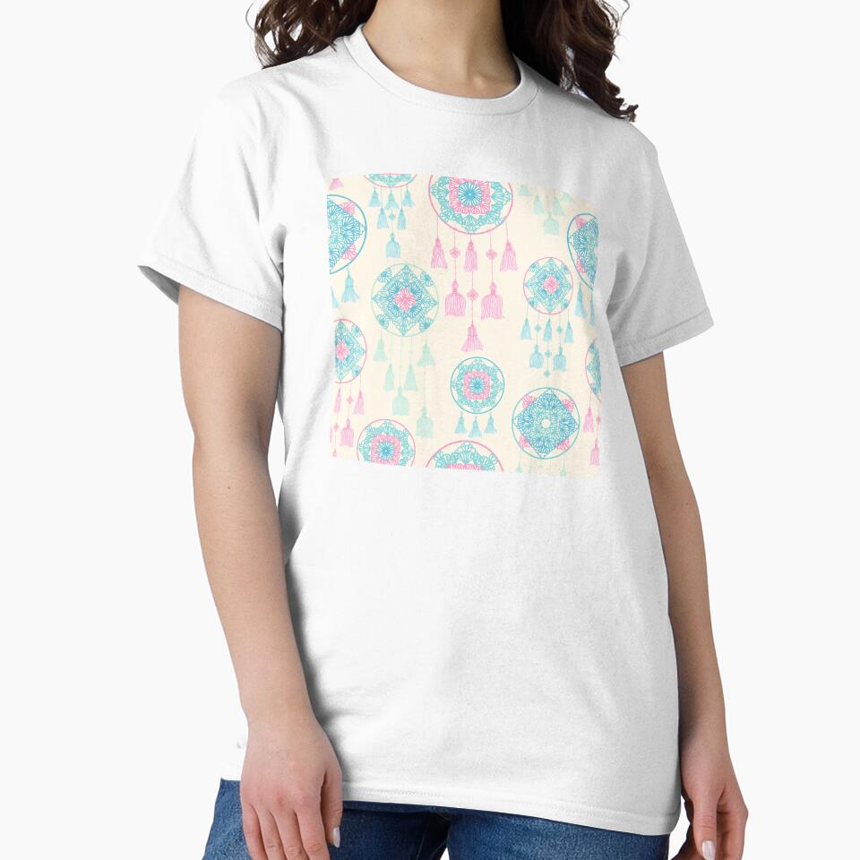 Pink and teal dreamcatcher on cream seamless pattern by marufemia
